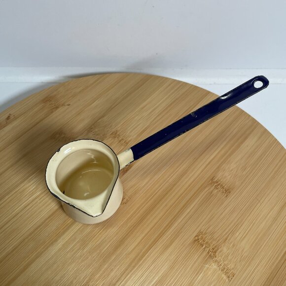 Vintage Cream Blue Enamel Melting Pot Enamelware Butter Syrup Turkish Coffee - Picture 2 of 6